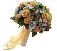 Romantique Saint-Valentin Day&wedding Bouquet, Fait à la Main Fleur Artificielle, Rose Bouquet Nuptial pour Décoration de Mariage, Ruban Marriage Tenant Mariée Demoiselle Cadeau Fête - Jaune