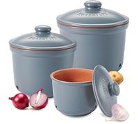 Romertopf Lot de 3 pots fraîcheur - Ail, oignon et pommes de terre Boîte de rangement en céramique - Argile respirante pour garder les légumes frais plus longtemps - Bleu/gris
