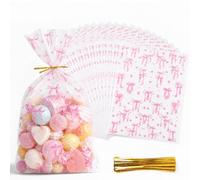 Romon 30 Pièces Sachet Transparent avec Imprimé Noeud Rose, Sac Cadeau pour Paniers, Fleurs, Fait Maison - Sachet Bonbon Anniversaire avec 30 Attaches Dorées, 30x40cm