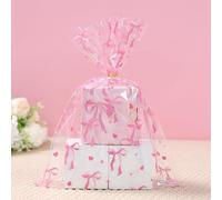Romon 30 Pièces Sachet Transparent avec Imprimé Noeud Rose, Sac Cadeau pour Paniers, Fleurs, Fait Maison - Sachet Bonbon Anniversaire avec 30 Attaches Dorées, 30x40cm