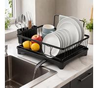 Romon Egouttoir Vaisselle Noir, Organisateur Cuisine Peu Encombrant avec Bac Récupérateur D’Eau, Porte-Serviette, Adapté Aux Assiettes, Verres Et Couverts