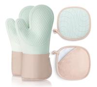 Romon Gants de Four, Lot de 4 Gants et Maniques de Cuisine Résistants à la Antidérapants, Anti Chaleur Jusqu'à 350°C, en Coton Doux, Longs et Flexibles en Silicone Épais pour Cuisine Pâtisserie, Vert