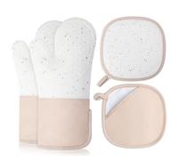 Romon Maniques Cuisine - Lot de 4 (2 Gants Four + 2 maniques de Plateau), résistants à la Chaleur Jusqu’à 350°C, antidérapants en Silicone, pour Cuisine et Barbecue Beige