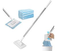 Romon Mop Mini Balai Plat 16×8cm Blanc, 10 Serpillères Microfibre Bleues | 100cm Manche Acier Inoxydable, serpillere microfibre réutilisables, Pressage Sans Contact, sec/humide, sols vitres plafonds
