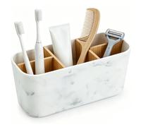 Romon Porta Spazzolino Electrique con Scomparti in Legno, Porte de Brosse à Dents avec Motif de Marbre, 5 Compartimenti, Portapenne da Scrivania, Organizer Scrivania, Rangement Salle de Bain 21×9×10CM