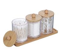 Romon Porte Coton Tige, Lot de 3 Distributeurs Transparents avec Plateau, 2 Ronds + 1 Forme U, Couvercles en Bambou, Boîte de Rangement pour Salle de Bain