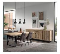ROMY - Ensemble Séjour Table 200cm et Buffet 4 Portes Aspect Bois Effet Tasseaux