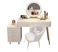 Romyqpipy Blanc Ensemble De Coiffeuse avec Miroir LED, 3 Niveaux D’éClairage RéGlables, Comprend Une Table De Maquillage avec 5 Tiroirs, Un Meuble LatéRal Mobile, Chaise, Facile à Installer