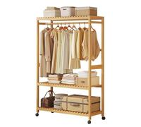 Romyqpipy Porte-Manteau En Bambou avec Roulettes 360, Porte-VêTement Sur Pied avec Tringle De Suspension, Rail D'Armoire Moderne, Support à VêTements pour Chambre à Coucher, Couloir
