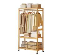 Romyqpipy Porte-Manteau Sur Roulettes En Bambou, éTagèRe à VêTements avec 3 Niveaux De Rangement, Penderie Ouverte Gain De Place pour EntréE, Chambre Ou Coin