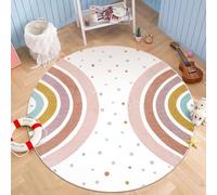 Rond Tapis Chambre Enfant Bebe Fille Garcon pour Bébé Grand Doux Petite D’Enfant Salon Décoratif Jeu Court Poil Ras Lavable Filles Garçons Étoile Arc-en-Ciel Rainbow Rug (Blanc 2, 120x120cm)