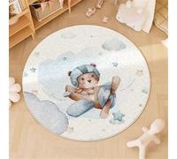 Rond Tapis pour Enfants Chambre Lavable Antidérapant Bébé Grand Petite Salon Doux Pelucheux Crème Shaggy intérieur Sol Décoration Maison Tapis de Zone Animal éléphant Lion (Crème 1, 80cm)