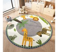 Rond Tapis Salon Lavable Chambre Pile Courte Douce Enfant Fille Garcon Lion de Dessin Animé Rampant pour Bébé Grand Doux Petite Intérieur Tapis de Jeu Marron éléphant (Blanc, 120x120cm)