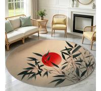 Rond Tapis Salon Oriental Chinois Poils Courts Doux Antidérapant 100 cm | Soleil Feuilles Bambou Tapis de Sol Décoration pour Chambre, Cuisine Balcon Salle à Manger Descente de Lit Intérieur, Marron