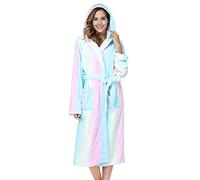 RONGTAI Womens Robes Plush Fleece Print Rainbow Hooded Bathrobe Thick Nightgown with Pockets Fluffy Sleepwear Large