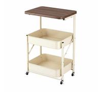 Ronyme Chariot de Rangement Pliable Étagère Trolley Panier Roulant Table d'Appoint à 3 Niveaux en Acier Carbone et Plateau Bois Pliable à roulettes, Crème