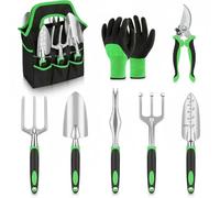 Ronyme Outils de Jardinage Ensemble 8 Pièces Pelle Transplantoir Sarcloir Cultivateur Sécateur Gants Sac Alliage Aluminium Sol Dur Poignées Ergonomiques, Green