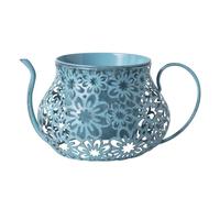 Ronyme Pot de Fleurs en Théière Jardinière Vintage Vase Décoratif Récipient pour Fleurs Structure Ajourée en Métal Aérien Bec Courbé et Poignées Latérales, Bleu Clair