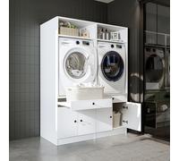 ROOMART Armoire de machine à laver avec plateau amovible - gain de place | Blanc - 2 armoires - 184 cm de haut - Plateau coulissant pour panier à linge - Tiroir - Panneaux en résine mélaminée E1