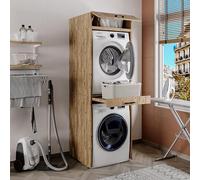 ROOMART Armoire de machine à laver, pour sèche-linge et machine à laver, avec planche coulissante en chêne, sans armoire pliante