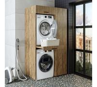 ROOMART Armoire de machine à laver série Duo-I - 112 cm de large - Meuble de machine à laver pour sèche-linge et machine à laver, meuble à laver en 3 couleurs (chêne, V1 - H : 205 x 112 x 67 cm, 5