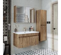 ROOMART ATRIA-85 Ensemble Meubles Salle de Bain 4 Pièces - Meuble sous-Vasque, Vasque, Armoire à Miroir & Colonne - H × L × P : 45 × 82 × 45 • Chêne