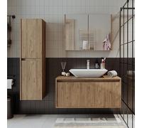ROOMART Ensemble de meubles de salle de bain, Atlantic, 4 pièces, meuble bas de 100 cm avec lavabo en céramique, armoire à miroir, armoire haute (chêne)