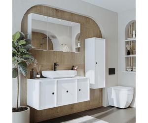 ROOMART Gusto Ensemble de meubles de salle de bain 4 pièces 105 cm avec lavabo en céramique Armoire miroir Armoire haute Fermeture douce Blanc