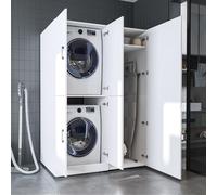 ROOMART Meuble pour lave-linge Dora-II - 130 cm de large Tour de lavage pour lave-linge et sèche-linge (Blanc, Sans meuble de rangement : (HxLxP) : 187 x 130 x 73,8 cm)