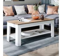 ROOMART Table basse HELSINKI 110 x 50 cm avec tablette - Blanc-Chêne | Blanc-Chêne, L x P x H : 110 x 50 x 45 cm