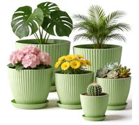RooTrimmer 7.5/6.5/5.5/4.9/4.2/3.5 inch Plant Pots with Saucers & Drain Holes - Indoor/Outdoor Flower Pots for Succulents, Herbs, Cactus - Modern Lightweight Durable Planter Set, Green