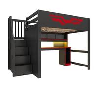 Ropilly Lit Mezzanine Gaming Noir avec Bureau, Couchage 140 x 200 cm | Contreplaqué et MDF, escalier à 4 compartiments, LED 7 couleurs et prise USB intégrée