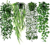 Roqueen 4 Pièces Plante Artificielle Tombante pour l'étagère, Plantes Artificielles Suspendues en Pot Vigne d'eucalyptus, Mandala Vine, Fougère de Boston, Pothos pour Accueil Chambre Mur Etagère