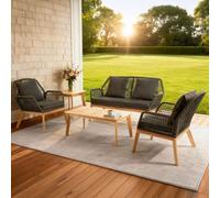 Salon de Jardin 4 Places Rosario - Ensemble Lounge Bois de Chêne & Corde Noire - 5 Pièces (Canapé, 2 Fauteuils, 2 Tables) - Design Naturel & Chic pour Terrasse et Balcon - Gris Anthracite
