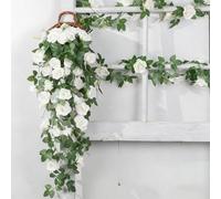 Rose artificielle en rotin vert plante vigne fleur fleur bricolage mariage décoration murale maison jardin salle de bain mariage décoration de Noël (sans panier) (blanc)