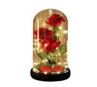 Rose éternelle sous cloche cadeau coffret en verre la belle - Aueq - et la bête lumineux led socle bois tige feuilles vertes rouge