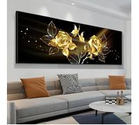 Rose Fleur Murale Art Papillon Image Abstraite Doré Toile Tableau Peinture Affiche Salon Decoration, 40x120cm sans Cadre