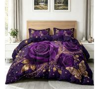Rose Lumière des Étoiles Papillon Réversible Imprimée Couettes 220 x 240 cm, Rêveur Floral Douce Respirante Matelassée Couette 4 Saisons, Violet Or Lavable Couettes sans Housse pour 2 Personnes