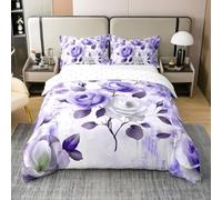 Rose Romantique Coton Housse de Couette 220x240,Retro Violet Floral Parure de Lit pour Enfants Filles Dame,Fleur Ombre Imprimer Doux Literie Set pour Le Lit,Peinture À l'huile Chic Couvre Lit