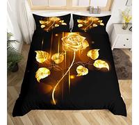Rose Sets de Housse de Couette Rose Fleur florale Housse de Couette Des gamins Golden and Noir Parure de Lit 220x240cm Couple Aimerr Romantic Valentine's Day Ultra doux Parure Housse de Couette