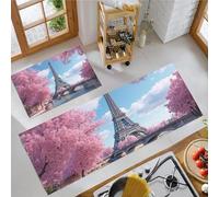 Rose Tapis de Cuisine Architecture Paysage Urbain Anti-Fatigue Confortables, Tour Eiffel Cerisier En Fleurs Tapis de Sol Antidérapant Imperméables, pour Cuisine Salon Salle à Manger 40x60cm+40x120cm