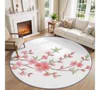 Rose Tapis Rond Lavable en Machine Peinture À L'Encre Fleurs Pêcher 160 cm | Est Plantes Fleurs Tapis Rond imprimé Antidérapant à Poils Courts Doux Tapis pour Chambre d'enfant, Décoration de Chambre