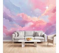 Rose Violet Nuages Étoiles Papier Peint Photo Mural 350 x 256 cm | Papier Peint Panoramique Photo Conte De Fées Girly Doux pour Salon Chambre D'Enfant Cuisines Salle à manger