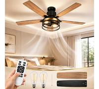 Rosnek Ventilateur Plafond avec Lumière et Télécommande, Ventilateur Silencieux en Cage 132 cm, 6 Vitesses & Minuterie, Moteur DC Réversible, 5 Pales en Bois Réversibles pour Chambre Salon Terrasse