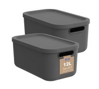 Rotho Albula Boîte de rangement avec couvercle 12 L lot de 2 anthracite | Rangement cuisine, empilables et emboîtables, lot de 2 boîtes, 2 poignées, fermeture sûre, plastique recyclé, modulables