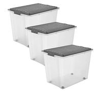 Rotho Compact Ensemble de 3 Boîtes de Rangement 70 l avec Couvercle et Roulet tes, Plastique (PP) sans BPA, Anthracite/Transparent, 3 X 70 l (57,0 X 39,5 X 43,5 cm)