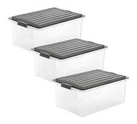 Rotho Compact Lot de 3 boîtes de rangement avec couvercle 38L | Empilables & gain de place | Fermeture sécurisée | Facile à entretenir | transparent/anthracite