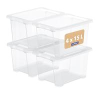 Rotho CORE Basic Boîte de rangement en plastique avec couvercle et poignées de transport, empilable, idéale pour la maison et le bureau, transparente, 4 x 15 l