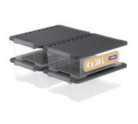 Rotho CORE Plus, boîtes de rangement 30 l, ensemble de 4, boîtes en plastique robustes avec couvercle et poignées verrouillables, sans danger alimentaire, modulaire empilable