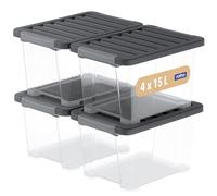 Rotho CORE Plus Boîtes de rangement avec couvercle en plastique solide avec poignées verrouillables, qualité alimentaire, transparent/noir (4 x 15 l)